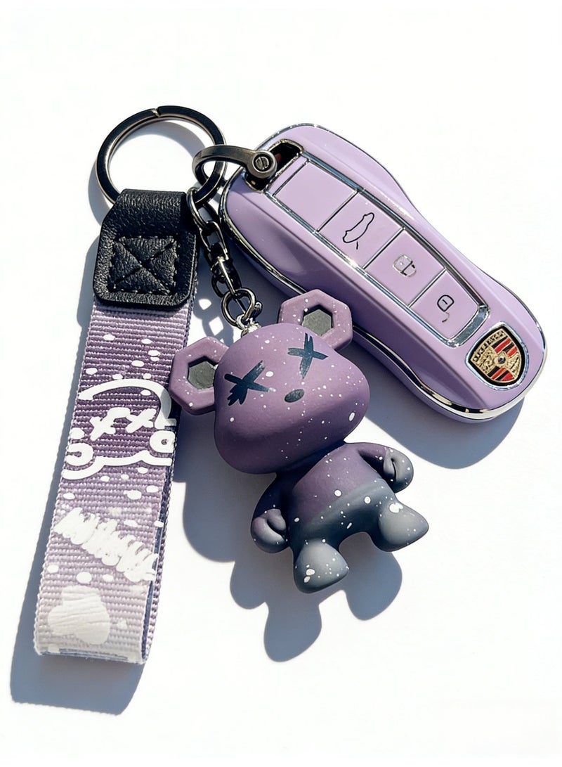 ماك جاباجز Suitable for Porsche Pastel Purple Metal Key Fob Case with Graffiti Bear Keychain & Strap (Please purchase according to your own key style) - Image 2
